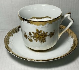 Vintage Moustache Tea Cup And Saucer - White Tea Cup W/gold Flowers And Gold Trim