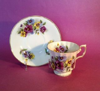 Elizabethan Pedestal Tea Cup And Saucer - Purple Yellow Blue Pansies - England