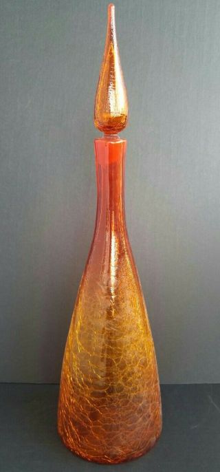Vintage Blenko 920? Tangerine Orange 22 " Crackle Glass Decanter W/ Stopper,  Mcm