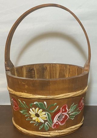 Vintage Swiss / German Hand Painted Folk Art Crafted Wood Bucket 12 "