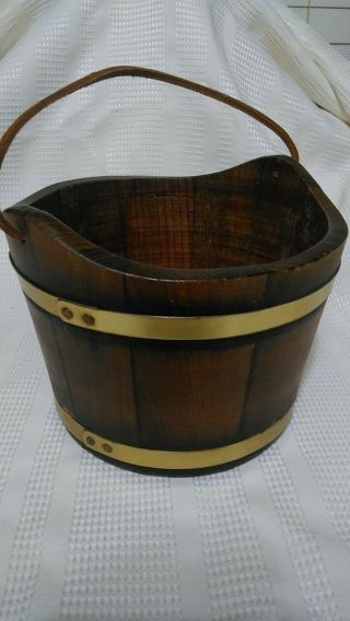 Wooden Bucket With Leather Strap 2 Gold Colored Metal Bands 7 " Round 6 1/2 " Tall