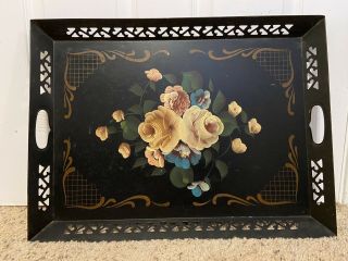 Vintage 21 " X17” Tole Metal Serving Tray W/ Hand Painted Floral Design