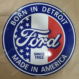 Ford Detroit 2 Sided Vintage Porcelain Sign 30 Inches Round