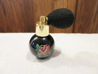 Vintage Black Glass Perfume Bottle Atomizer With Floral Rose Design