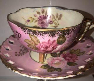 Pink Sterling China Japan Opalescent 3 Footed Tea Cup And Saucer With Gold Trim