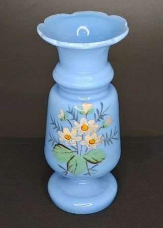 Antique Bristol Blue Glass Victorian Flower Vase Hand Painted Flowers 7 "