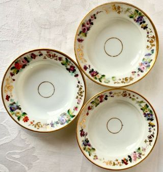 Three Antique 19th C Paris Porcelain Floral Fruit Or Berry Bowls,  Gold Trimmed