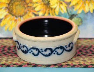 Wisconsin Pottery Salt Glaze Double Handle Stoneware Bowl M.  E.  L.  Blue Design