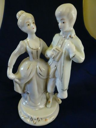 Vintage Victorian Dancing Couple High Gloss Porcelain 9 1/2 " Figurine - White/gold