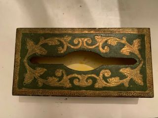 Vintage Mid Century Italian Florentine Green And Gold Wood Tissue Holder Italy