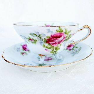 Vintage Lefton Japan Footed Tea Cup & Saucer Set Hand Painted Purple Roses
