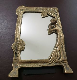 Vintage Art Nouveau Brass Framed Mirror Table Top Lady And Flowers
