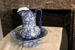 Vintage Large Flow Blue Wash Basin And Pitcher W/flowers - Ironstone - England??