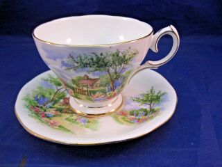 Vintage Queen Anne Tea Cup & Saucer " Tudor Cottage " - Fine Bone China - England