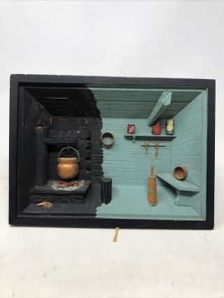 Vintage Swiss Diorama Shadow Box Cabin Hand Painted Carved Wood Music Box