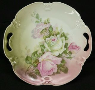 Antique Victorian Hand Painted Porcelain Plate Roses 2 Open Handles