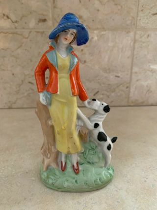 Vintage Art Deco Lady Figurine With Fox Terrier Or Scottie • Made In Japan