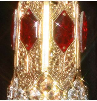 Ruby Swag Jeweled Tulip Lily Filigree Hanging Crystal Lamp Vintage Chandelie