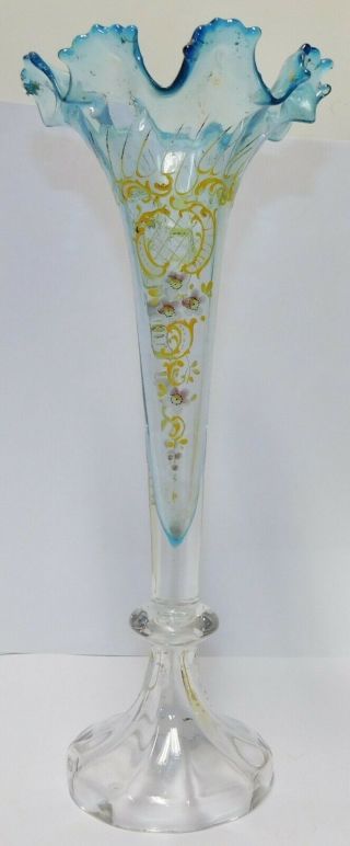 10 1/2 " Blue Art Glass Trumpet Vase With Enameled Gold And Floral Designs