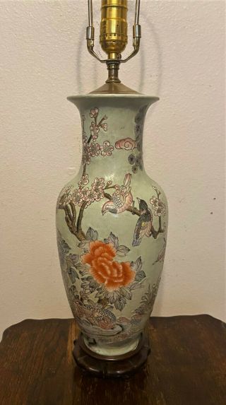 Vintage Chinese Brass & Porcelain Vase Table Lamp - Cranes,  Floral Motif - 30 "
