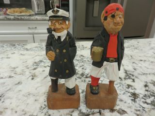 2 Vintage Hand Carved Wooden Figures Pegleg Pirate & Sea Captain 6 1/4 " Look