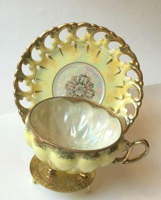 Vintage Royal Sealy Footed Tea Cup And Reticulated Saucer Gold And Yellow Japan
