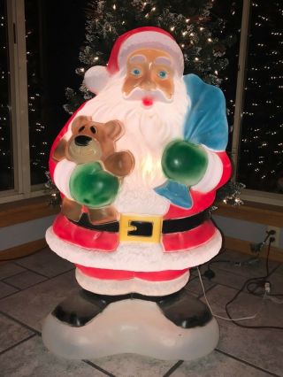 Vintage Christmas 40 " Santa With Bear And Bag Of Presents Lighted Blow Mold