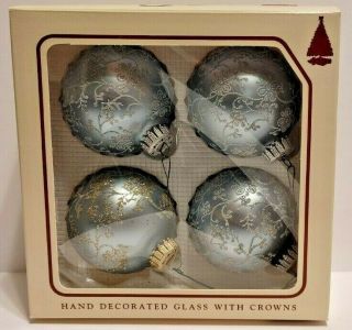Krebs 4 Christmas Ornaments Hand Decorated Glass With Crowns (1gold & 3 Silver)