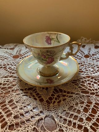 Vintage Lusterware January Carnation Floral Porcelain Tea Cup And Saucer Gilded