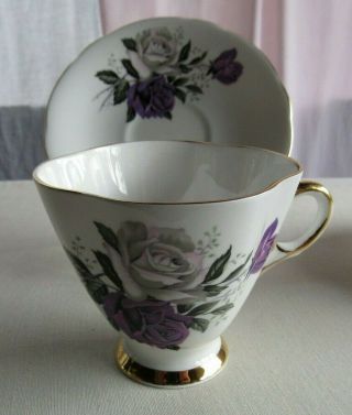 Vintage Windsor Bone China Tea Cup Saucer England Purple Rose Gilt Numbered