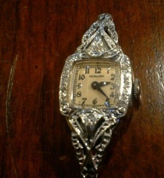 Art Deco Vintage 14k 4.  8 Grams White Gold Diamond Ladies Hamilton Watch