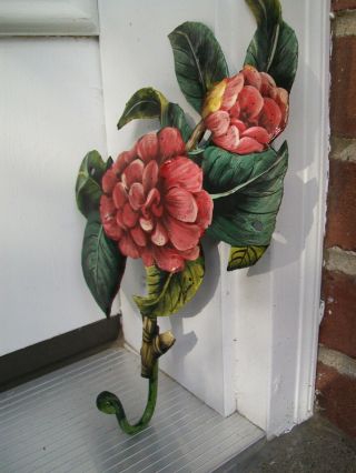 Vintage Shabby Chic Metal Flowers Leaves Wall Hanging Hook Hanger Toleware