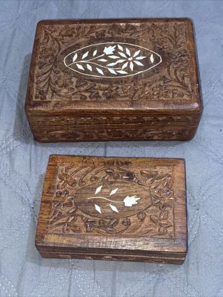 2 Vintage Hand - Carved Wooden Inlaid Trinket Jewelry Boxes With Hinged Tops