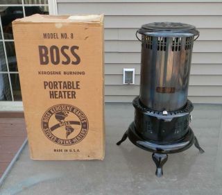Vintage Boss Model 8 Kerosene Oil Heater Stove W/ Perfection Burner & Orig Box