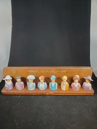 Vintage 1982 - 84 Porcelain Victorian Ladies Thimbles Set Of 8 On Wood Shelf Avon 2