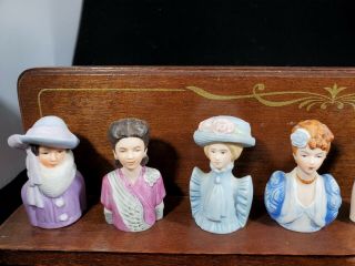 Vintage 1982 - 84 Porcelain Victorian Ladies Thimbles Set Of 8 On Wood Shelf Avon 3