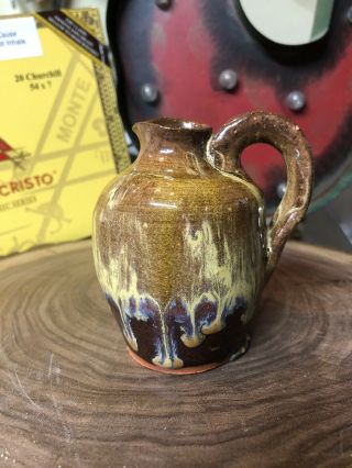 Vintage Small Miniature Stoneware Brown Drip Glaze Whiskey Jug With Spout