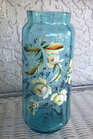 Antique Victorian Blue Glass 8” Hand Painted Enamel Roses Vase