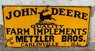Vintage " John Deere " Quality Farm Implements Porcelain Enamel Sign 24 " X12 "