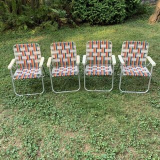 Set Of 4 Vtg Matching Aluminum Lawn Chairs Outdoor Folding Chairs Webbed Beach