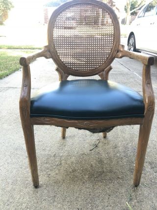 Vintage One Of A Kind Designer French Cane Back Carved Wood Accent Arm Chair