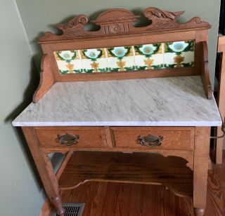 1880’s Antique Oak Washstand Marble Majolica Tile Table Victorian Oh/pa/wv Area