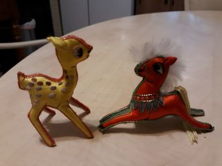 Pair Embroidered Silk Horse & Deer Vintage Bright Colored Miniature Art Deco