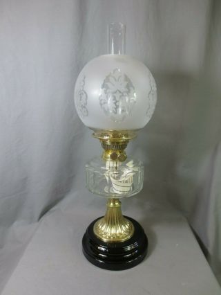 Antique Victorian Brass And Cut Glass Duplex Oil Lamp With Etched Shade