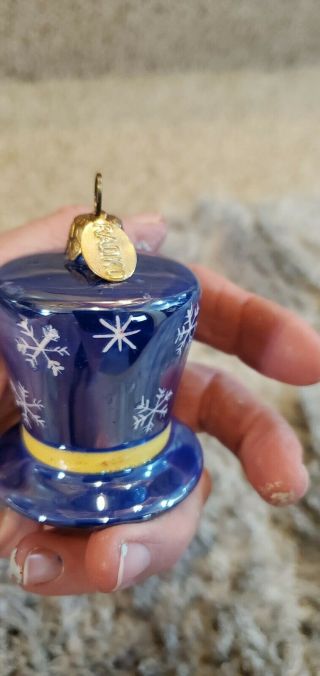 Early Vintage Christopher Radko Christmas Ornament Blue Yellow Top Hat Snowflake