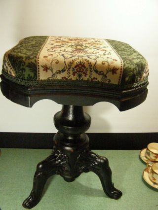 Vintage Victorian Style Piano Stool,  Wood With Cast Iron Legs And Covered Seat