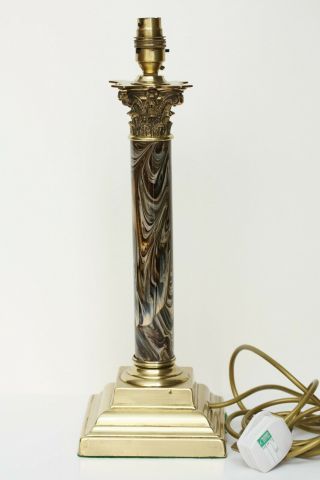 Elegant Brass & Faux Marble Corinthian Column Table Lamp,  Early 20th Century