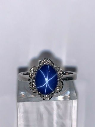 Vintage 10k White Gold Blue Star Sapphire & Diamonds Ring