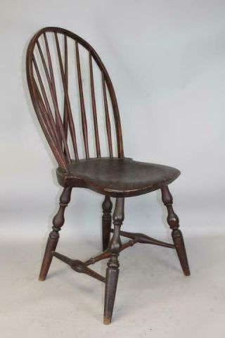GREAT 18TH C.  CONNECTICUT TRACY SCHOOL WINDSOR BRACE BACK CHAIR IN OLD RED PAINT 3