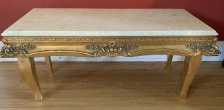 Antique Carved Wood Marble Top Table Bench: 30” Long,  14” Tall,  13” Deep